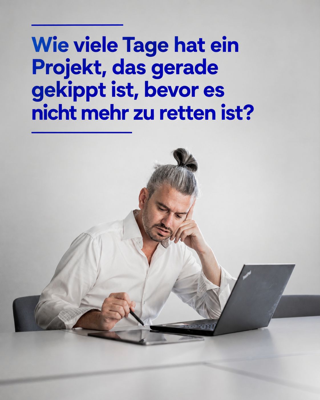 Donato Blandolino at a laptop in a bright meeting room, alongside the question: How many days does a project that has just gone off track have before it is beyond saving?