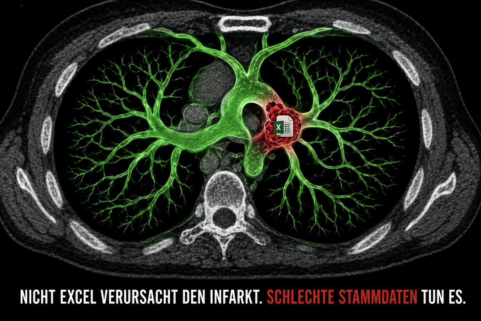 CT scan of a chest with bronchi highlighted in green and a red area of infarction around an Excel icon, caption: Excel does not cause the heart attack. Poor master data does.