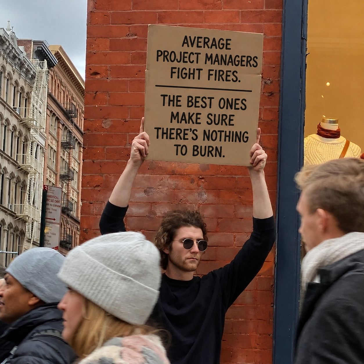 Schild in New York: Average project managers fight fires. The best ones make sure there's nothing to burn.