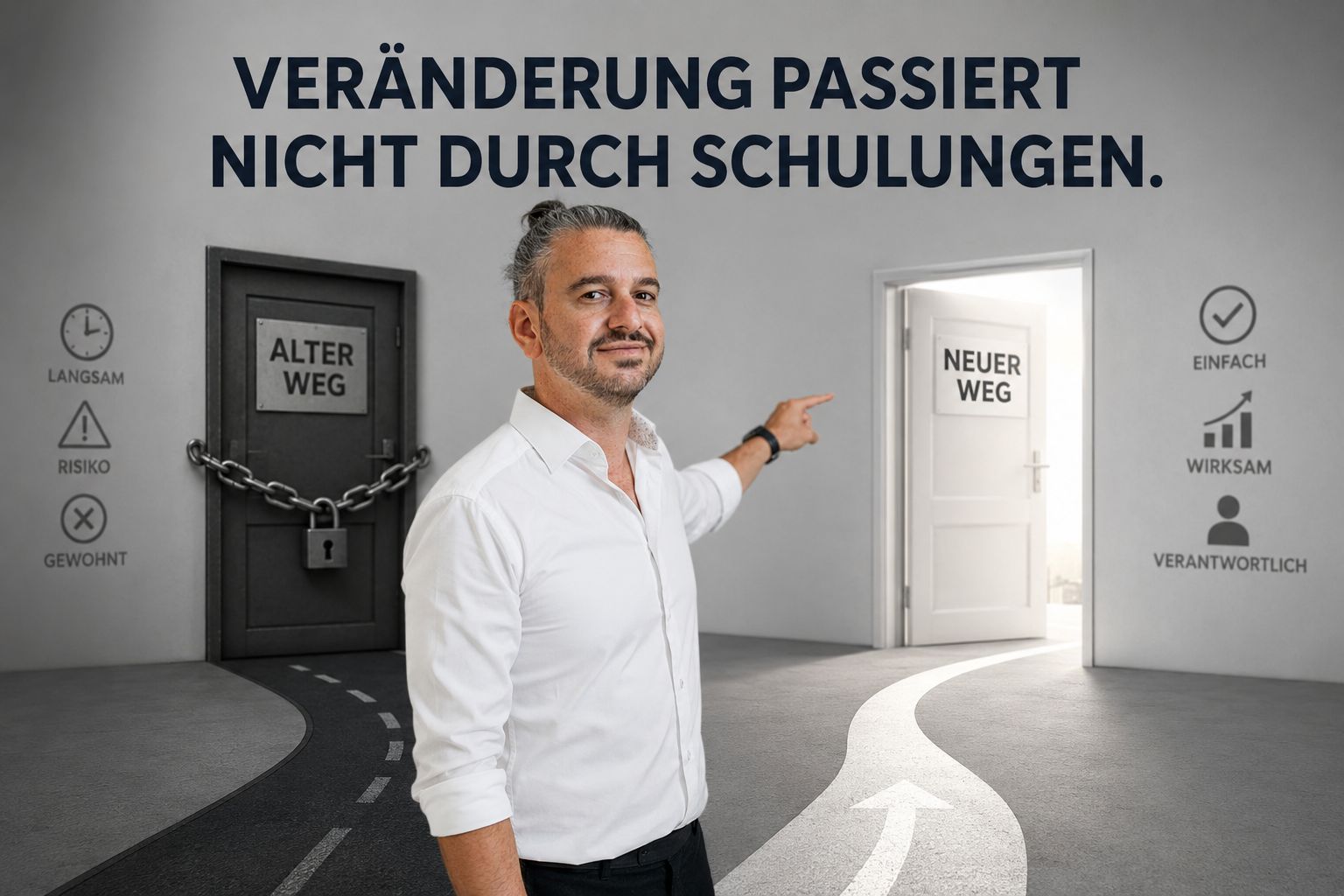 Donato Blandolino points to an open door with a sign reading New Way, next to a locked door labelled Old Way. Above them is the sentence: Change does not happen through training.