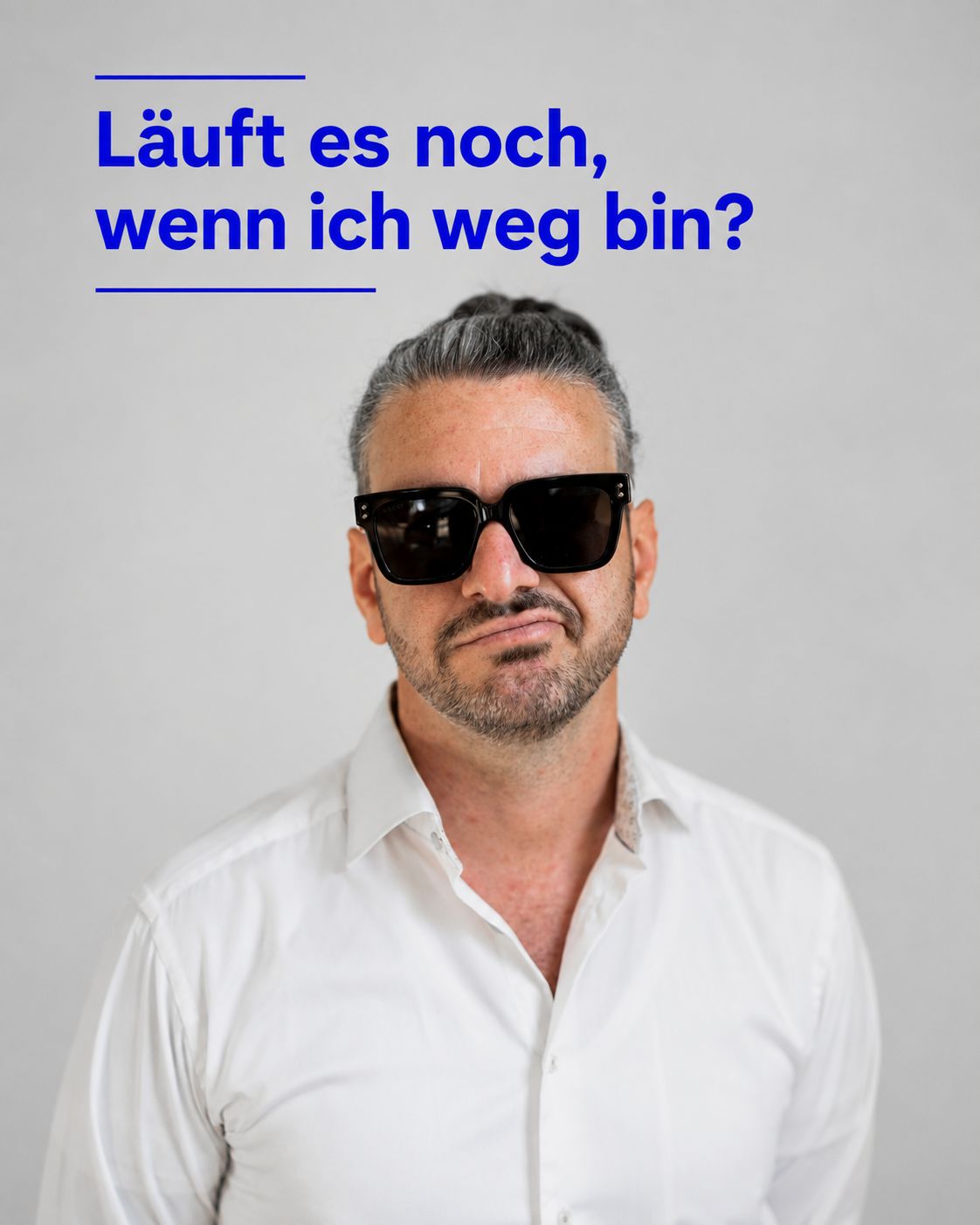 Donato Blandolino wearing sunglasses in a bright studio, alongside the question in blue lettering: Will it still run when I am gone?