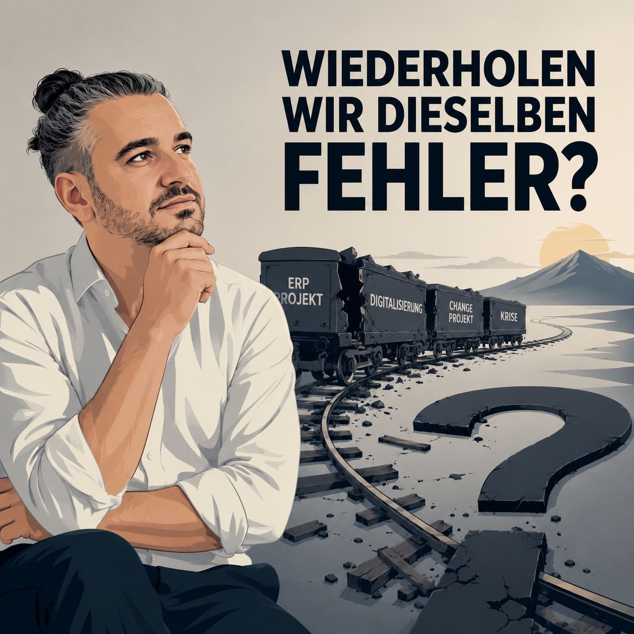 Illustration: A thoughtful manager in front of derailed mine carts labelled ERP project, Digitalisation, Change project and Crisis, title: Are we repeating the same mistakes?
