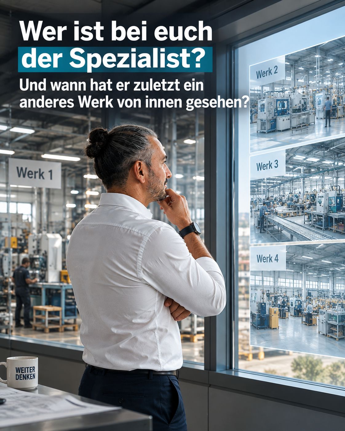 Donato Blandolino in a production hall in front of views of four plants, alongside the question: Who is your specialist? And when did he last see the inside of another plant?